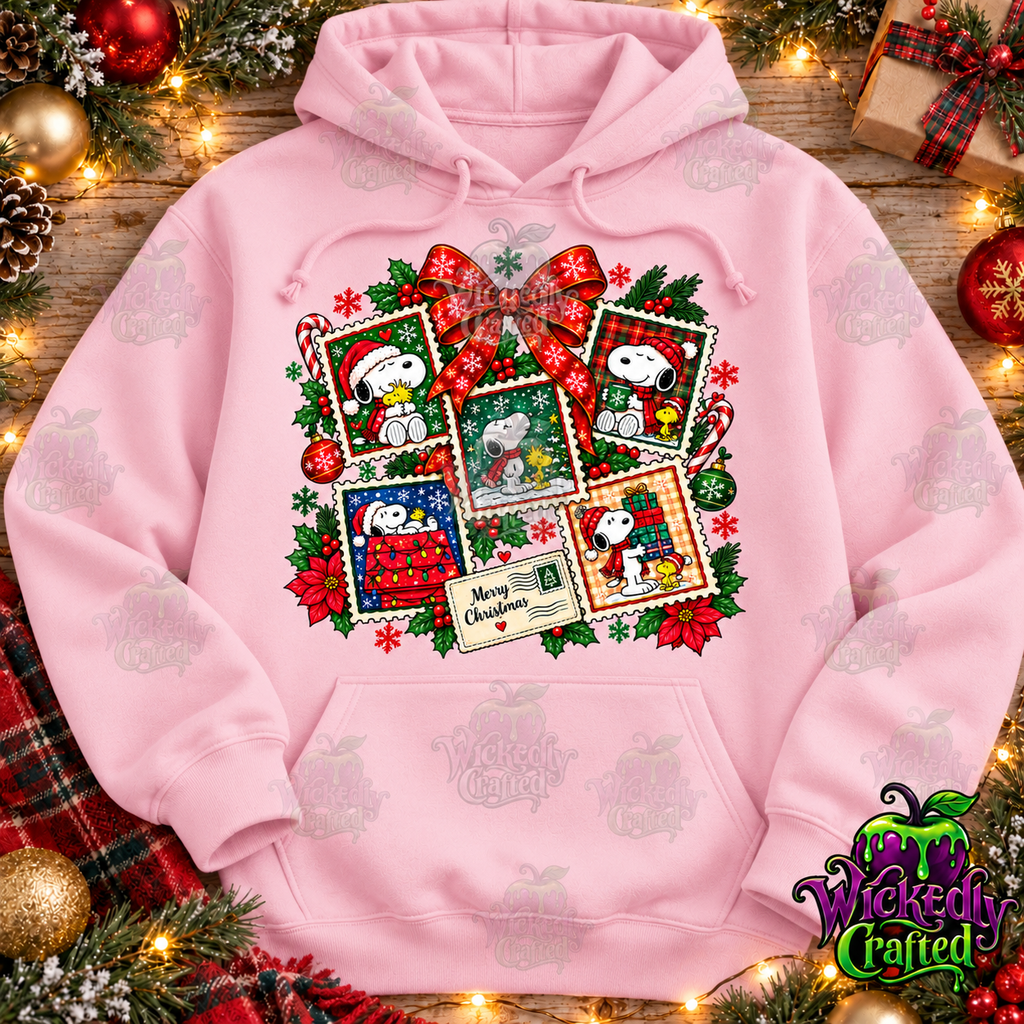 Merry Christmas – Snoopy Holiday Stamp Collage Apparel – hoodie mockup