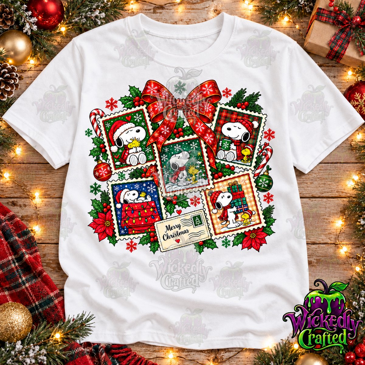 Merry Christmas – Snoopy Holiday Stamp Collage Apparel – tee mockup