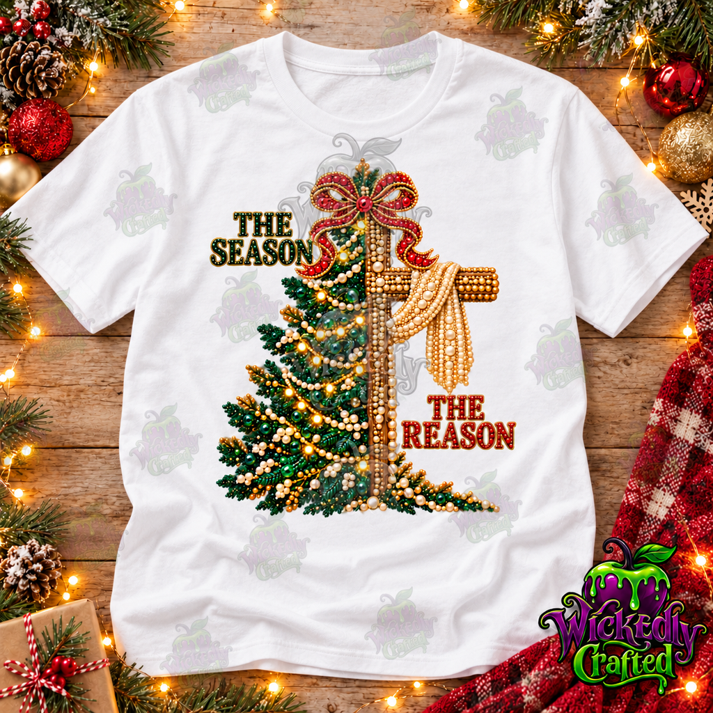 The Season, The Reason – Christmas Tree & Cross Apparel – tee mockup