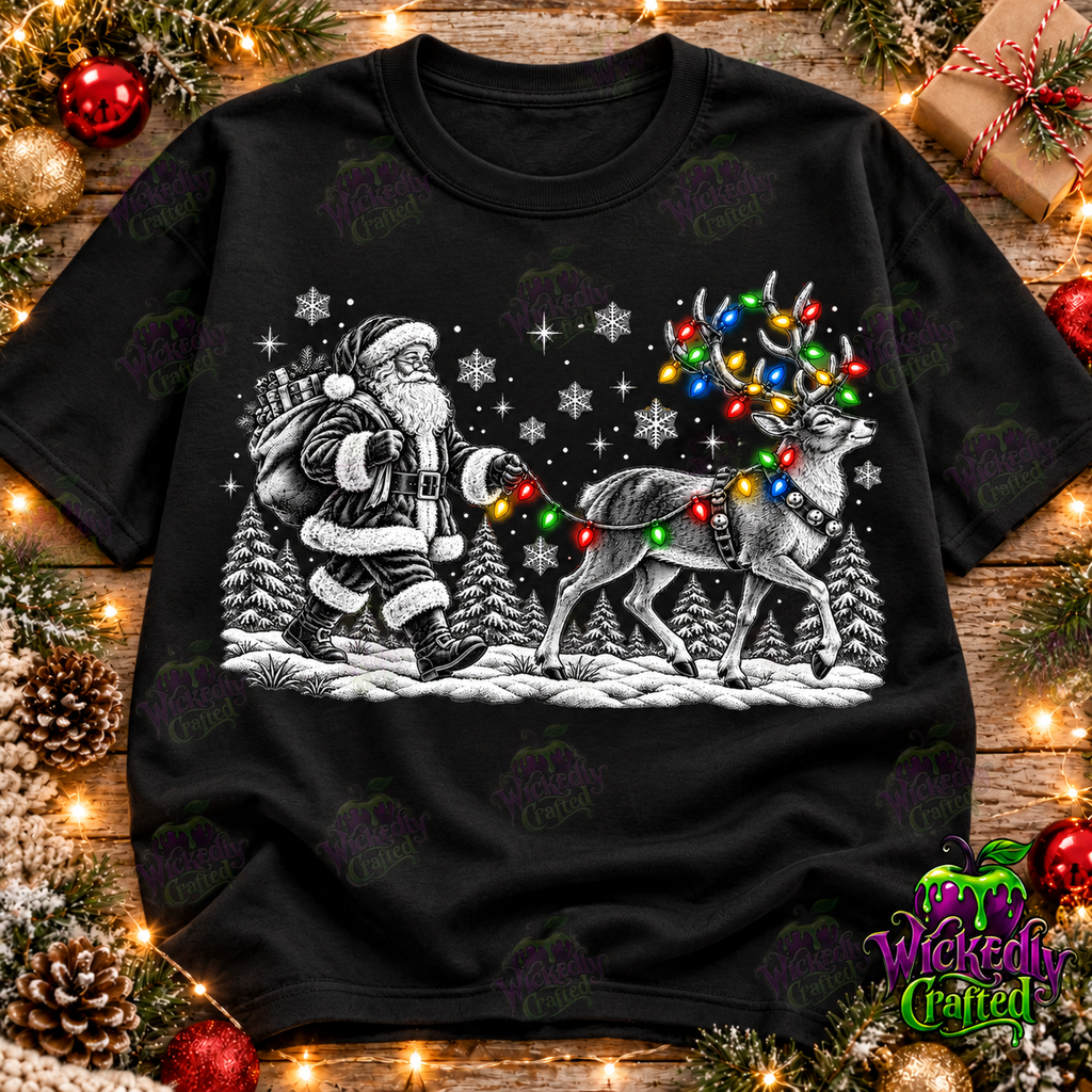 Santa & Reindeer – Black and White Christmas Apparel – tee mockup