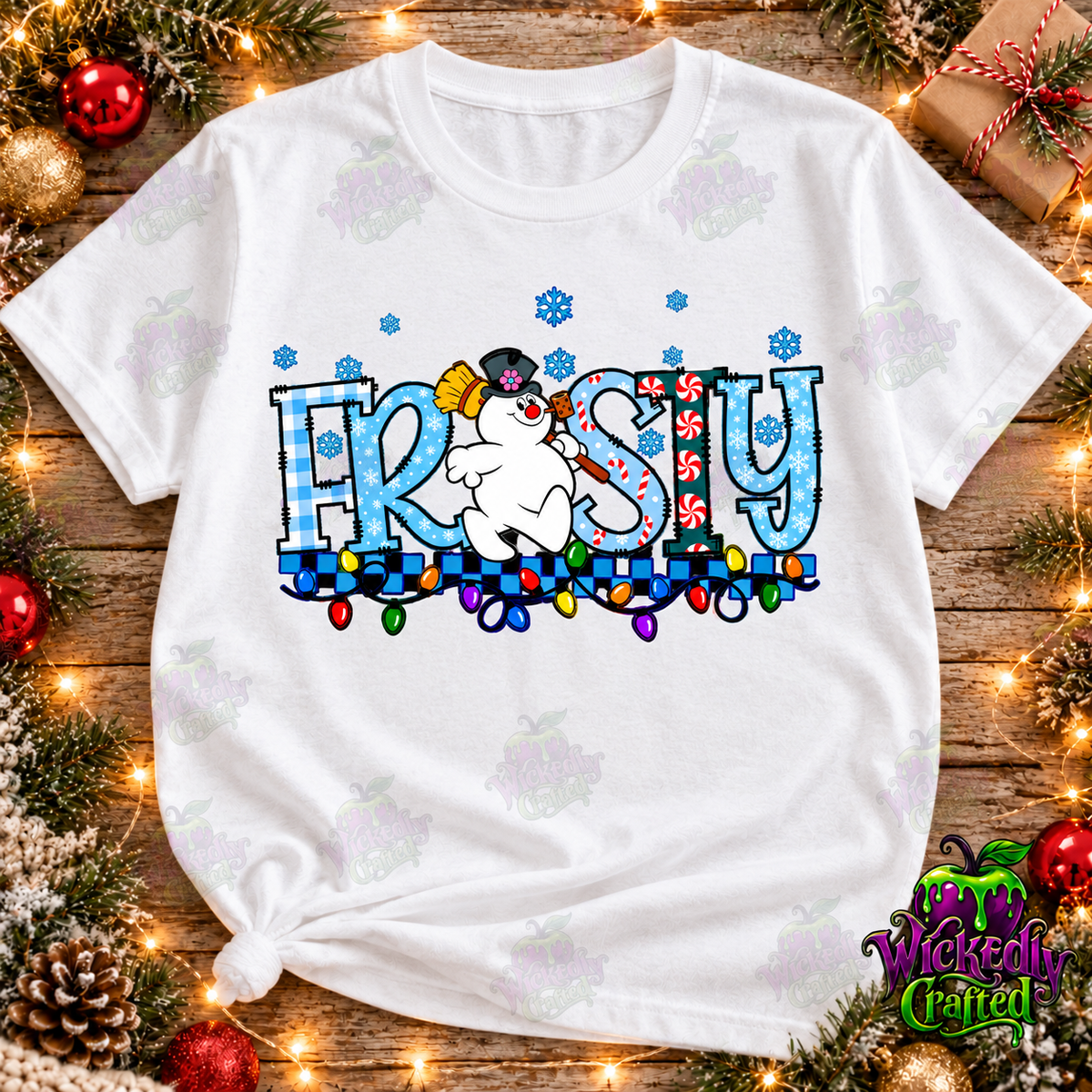 Frosty – Blue Plaid Christmas Snowman Apparel – tee mockup