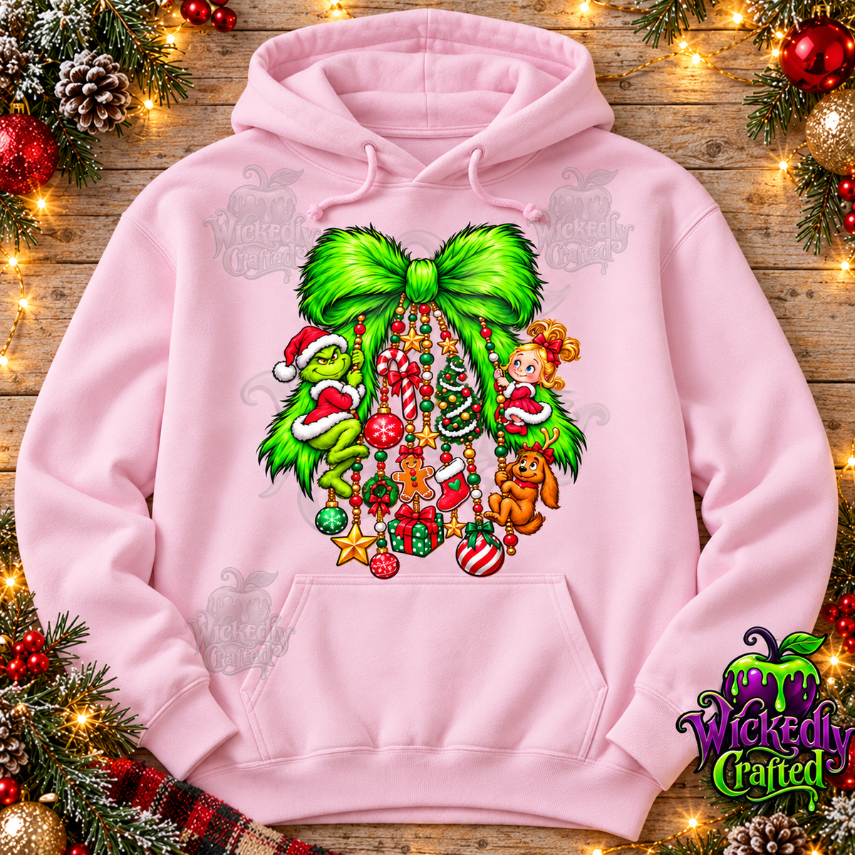 Grinch Christmas Bow & Ornament Garland Apparel – hoodie mockup