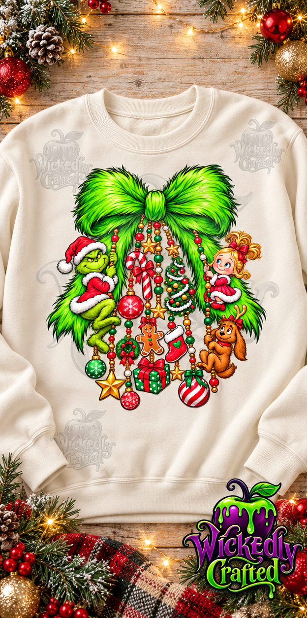 Grinch Christmas Bow & Ornament Garland Apparel – original mockup