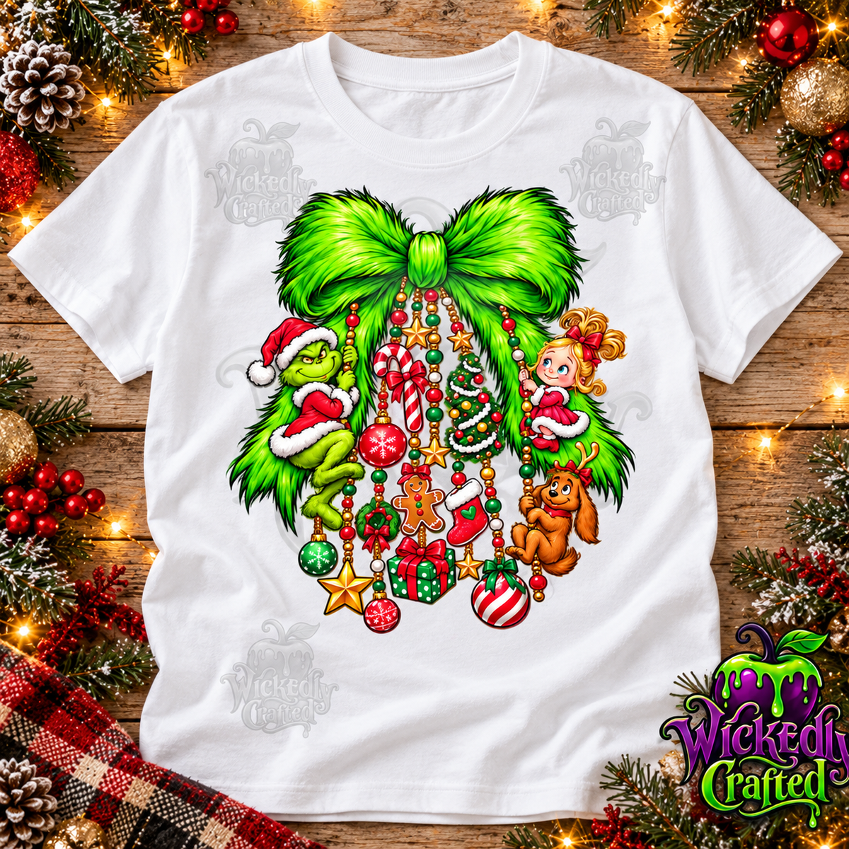 Grinch Christmas Bow & Ornament Garland Apparel – tee mockup