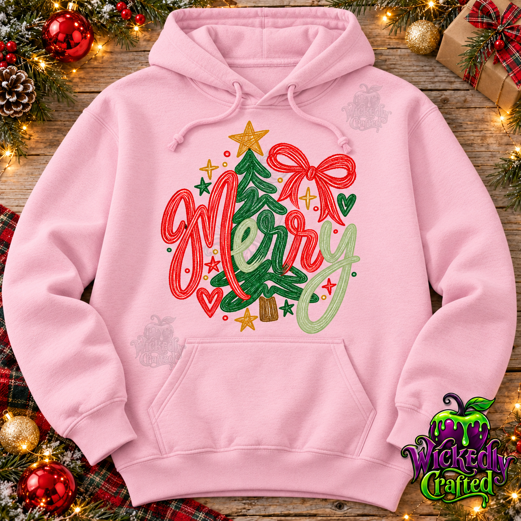 Merry – Christmas Tree & Red Bow Apparel – hoodie mockup