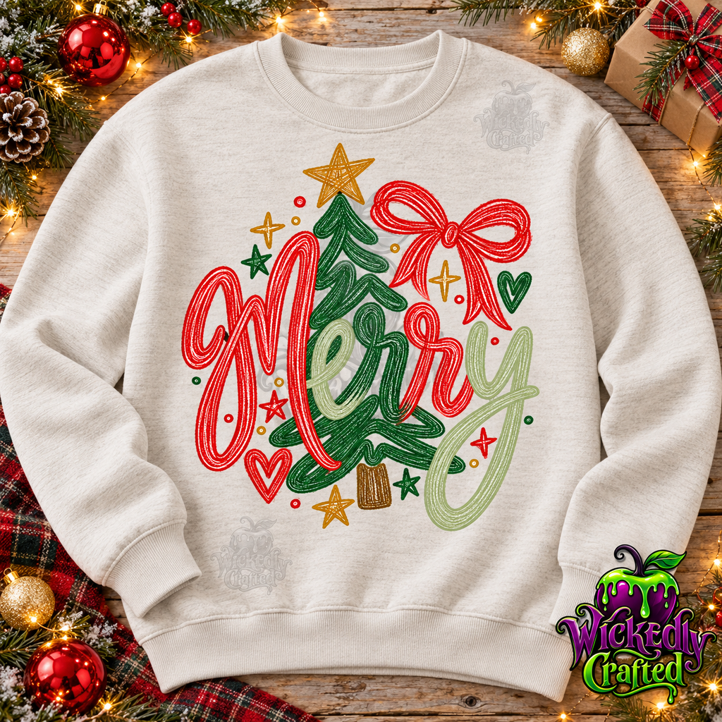 Merry – Christmas Tree & Red Bow Apparel – original mockup