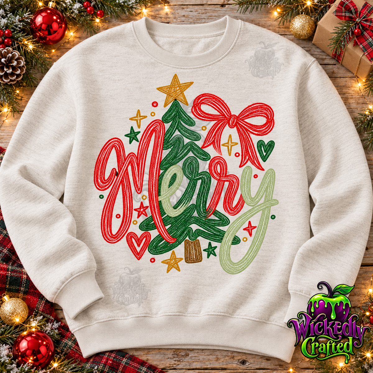 Merry – Christmas Tree & Red Bow Apparel – original mockup