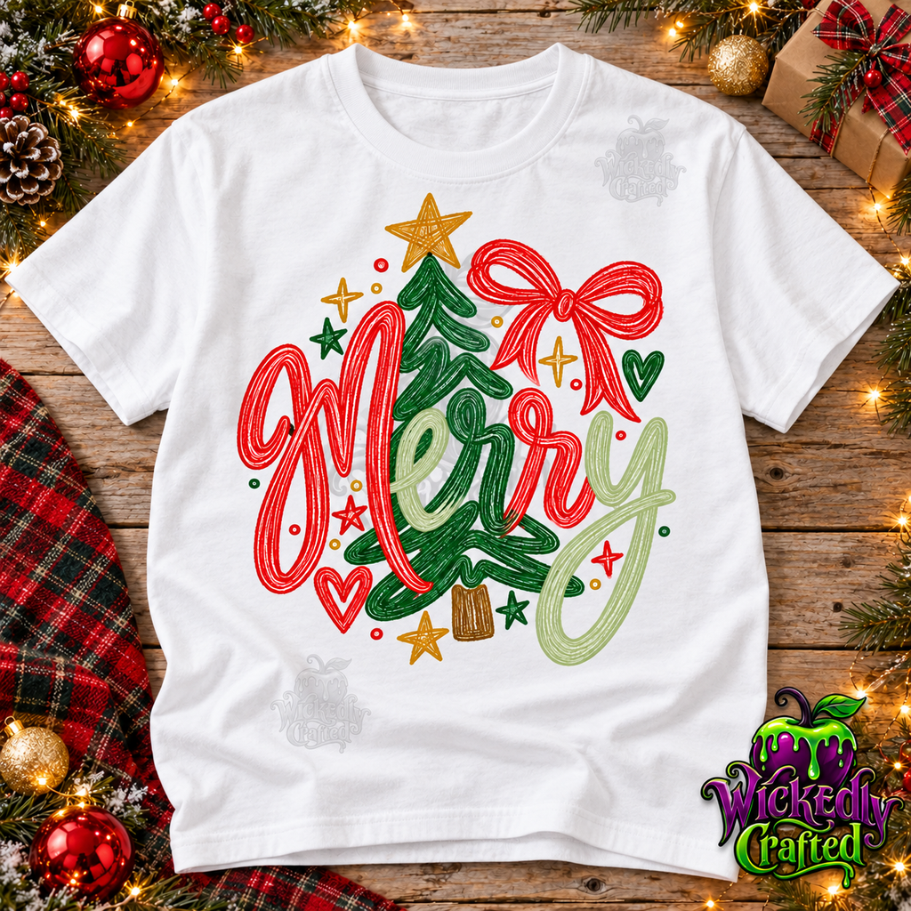 Merry – Christmas Tree & Red Bow Apparel – tee mockup