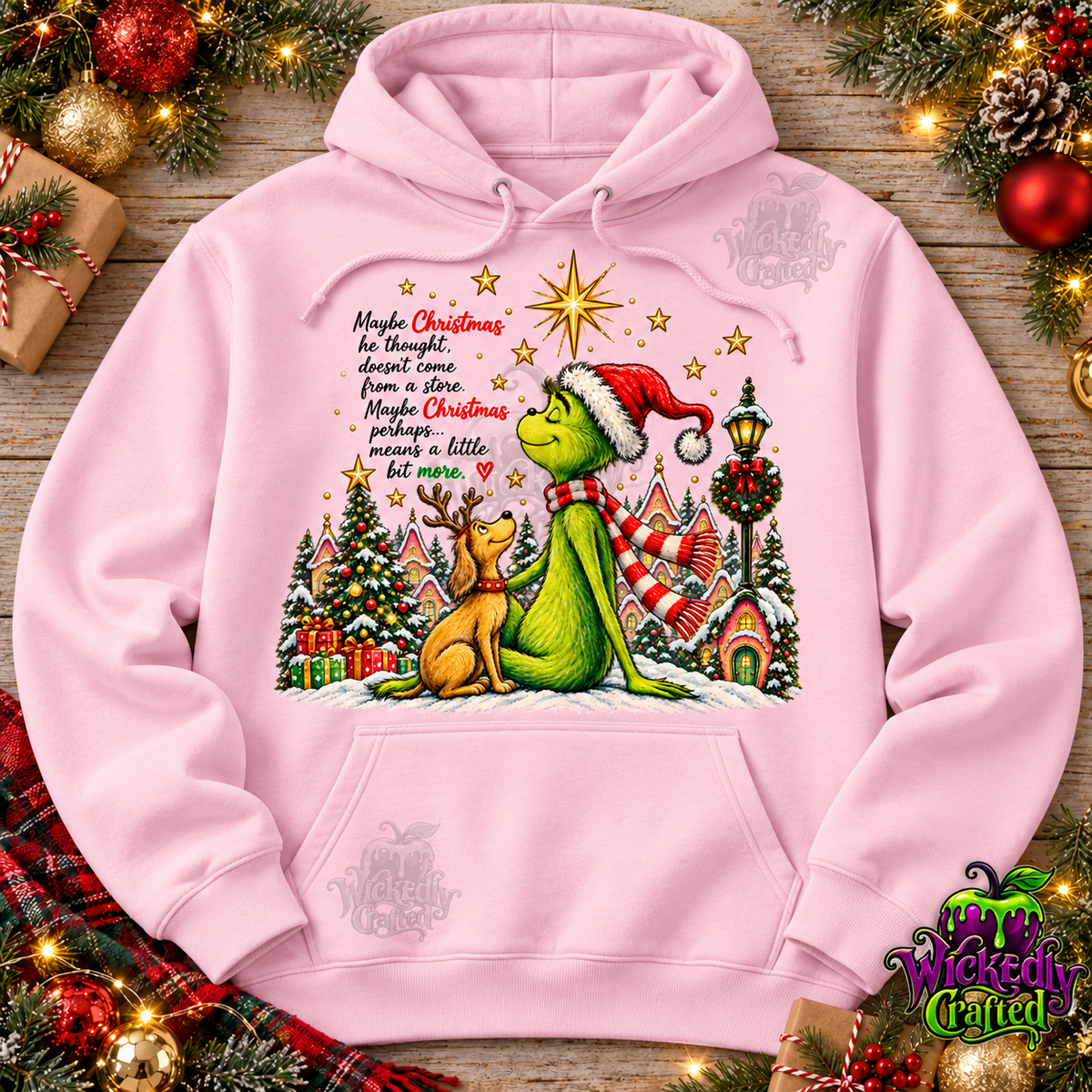 Grinch & Max – Whimsical Christmas Village Apparel – hoodie mockup
