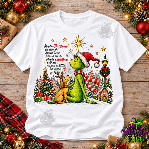 Grinch & Max – Whimsical Christmas Village Apparel – tee mockup