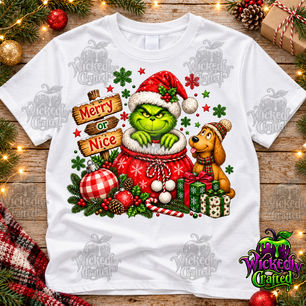 Merry or Nice – Grinch & Max Christmas Apparel – tee mockup