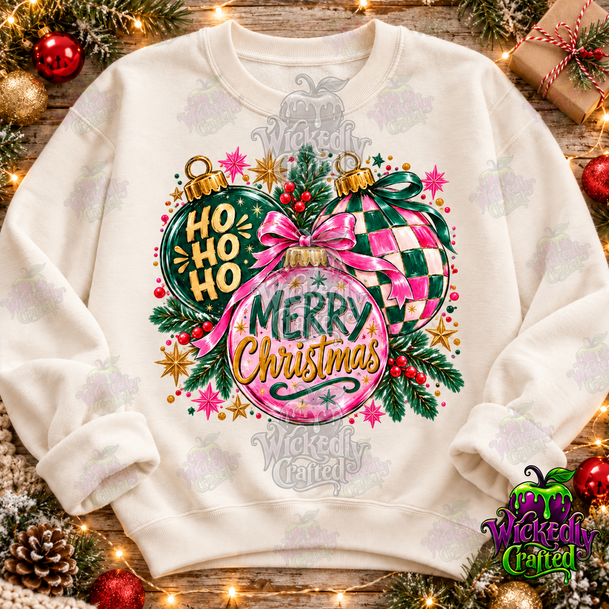 Pink and green Merry Christmas ornament design shown on a light crewneck; watermarked Wickedly Crafted mockup