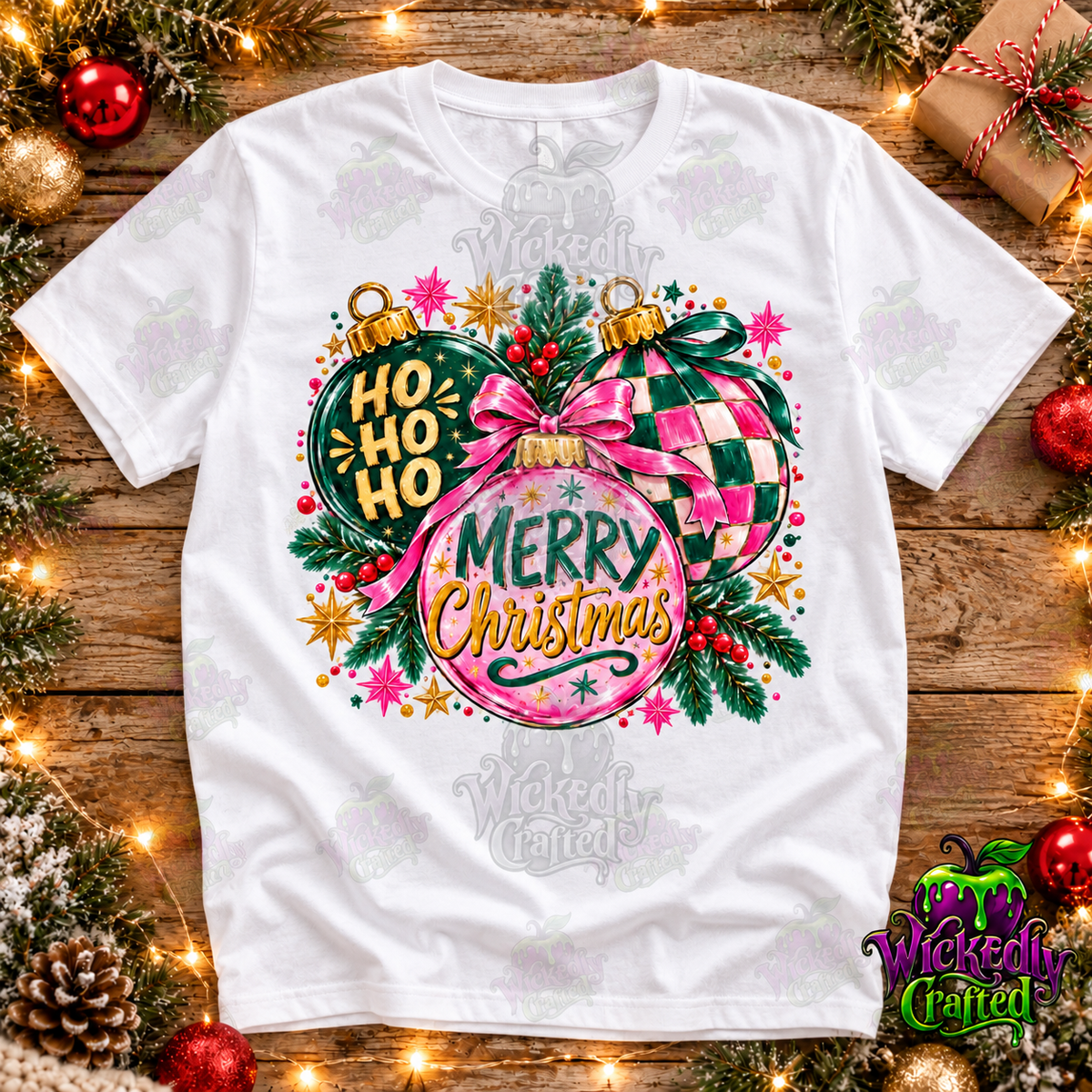 Pink and green Christmas ornament design on a white T-shirt, Wickedly Crafted watermarked mockup
