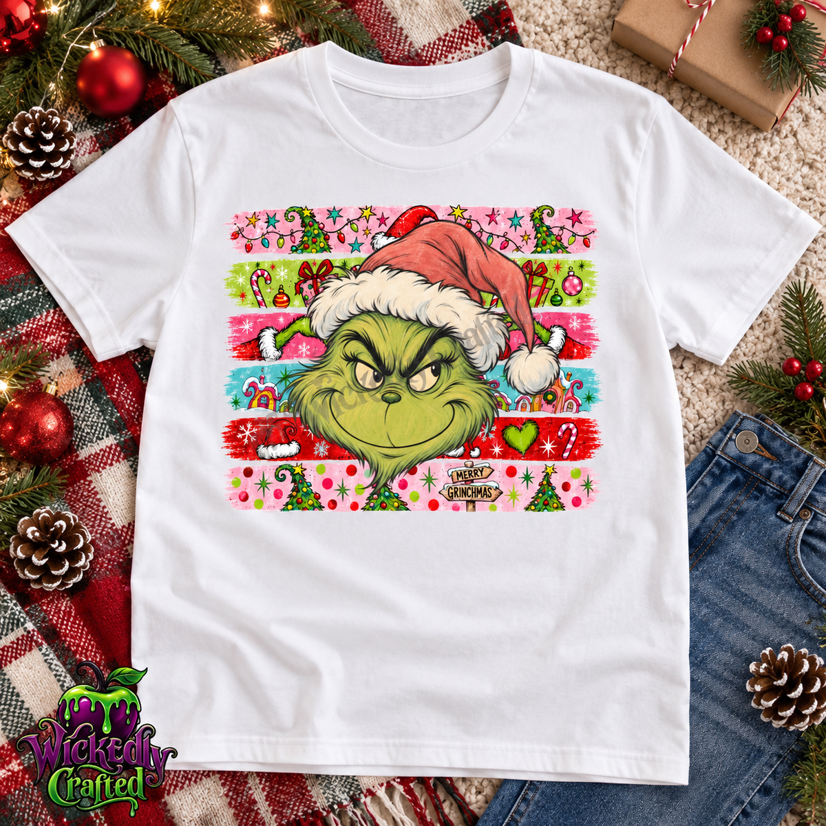 Merry Grinchmas – Colorful Christmas Stripes Apparel T-shirt mockup